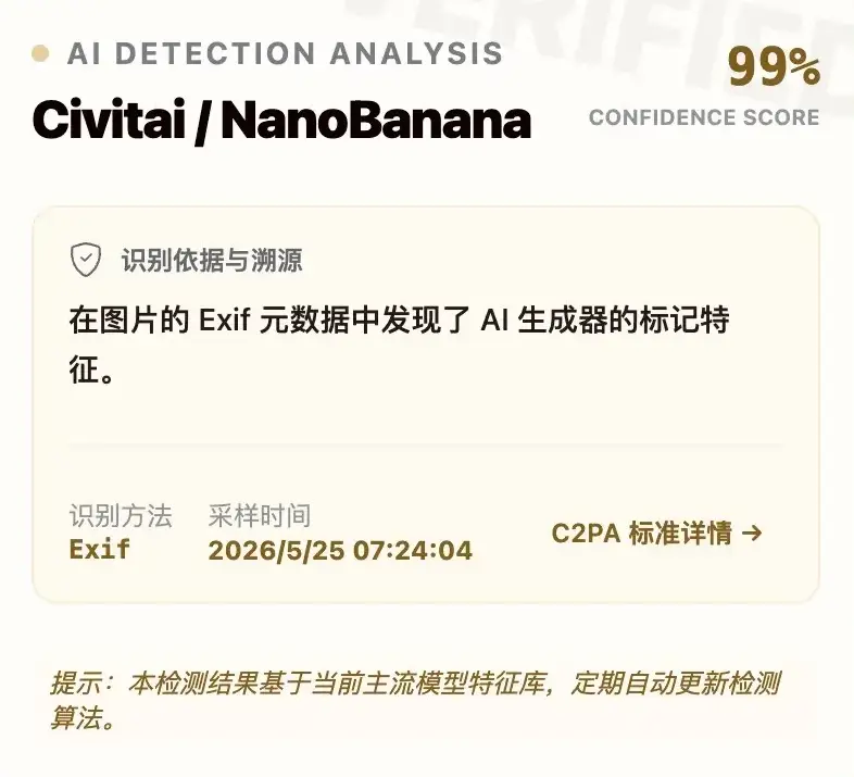 AI 指纹检测 — 99% 置信度