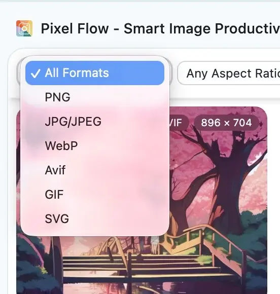 Pixel Flow 采集流筛选栏展示图片格式、宽高比、来源类型和分辨率筛选选项