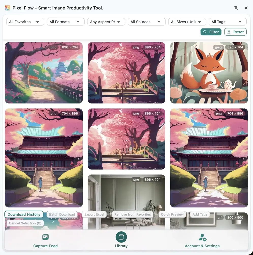 Pixel Flow 素材库中管理已经收藏的候选图片