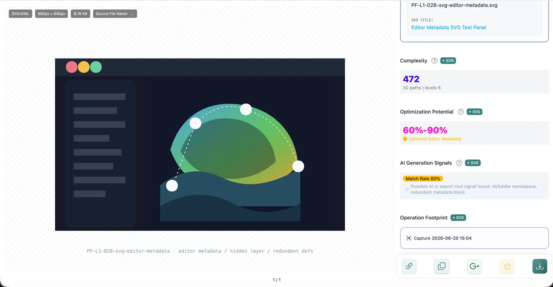 Pixel Flow 预览页展示 SVG 复杂度、优化空间和 AI 生成线索提示