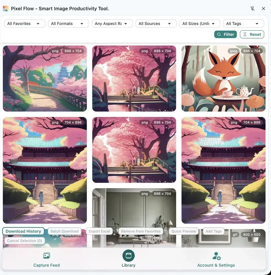 Pixel Flow Library showing saved reference images