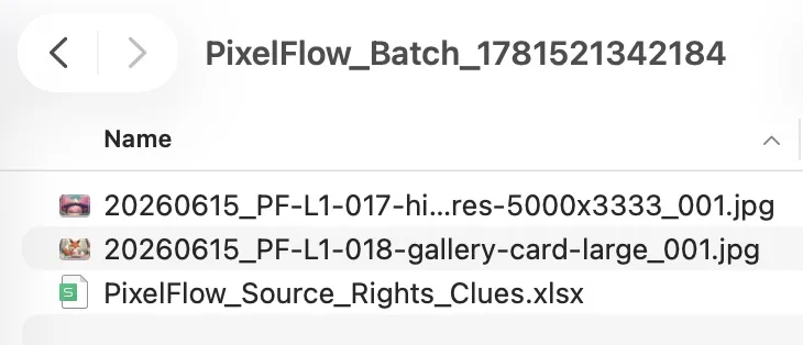 Pixel Flow 批量下载包中包含图片文件和来源与版权线索表格