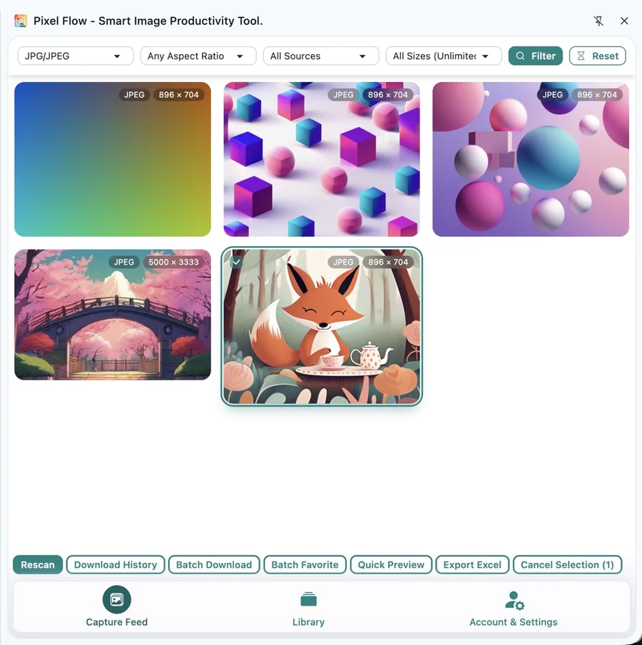 Pixel Flow 采集流中应用筛选后勾选候选图片