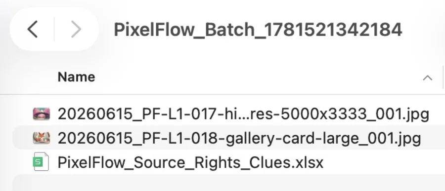 Downloaded Pixel Flow package containing image files and a source rights clues spreadsheet